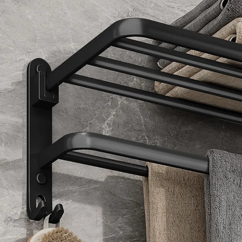 Matte Black 50 cm Folding Wall‑Mounted Aluminum Towel Rack with Hooks