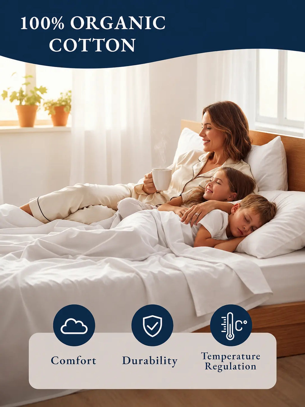 LANE LINEN 100% Organic Cotton Percale Weave Twin Size Bedding Set - 15" Deep Pocket Fitted Sheet, Breathable White Linens, Dorm Room Inspo Bed Essentials