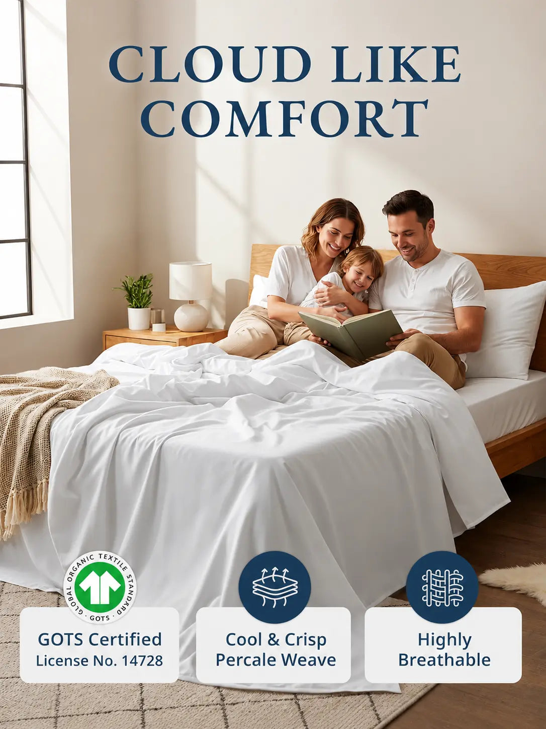 LANE LINEN 100% Organic Cotton Percale Weave Twin Size Bedding Set - 15" Deep Pocket Fitted Sheet, Breathable White Linens, Dorm Room Inspo Bed Essentials