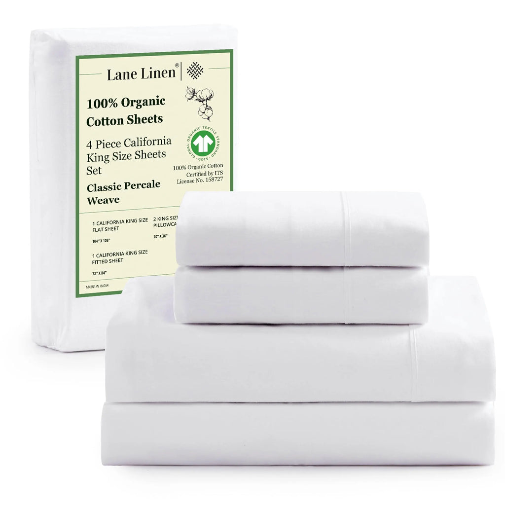 LANE LINEN 100% Organic Cotton Percale Weave Twin Size Bedding Set - 15" Deep Pocket Fitted Sheet, Breathable White Linens, Dorm Room Inspo Bed Essentials