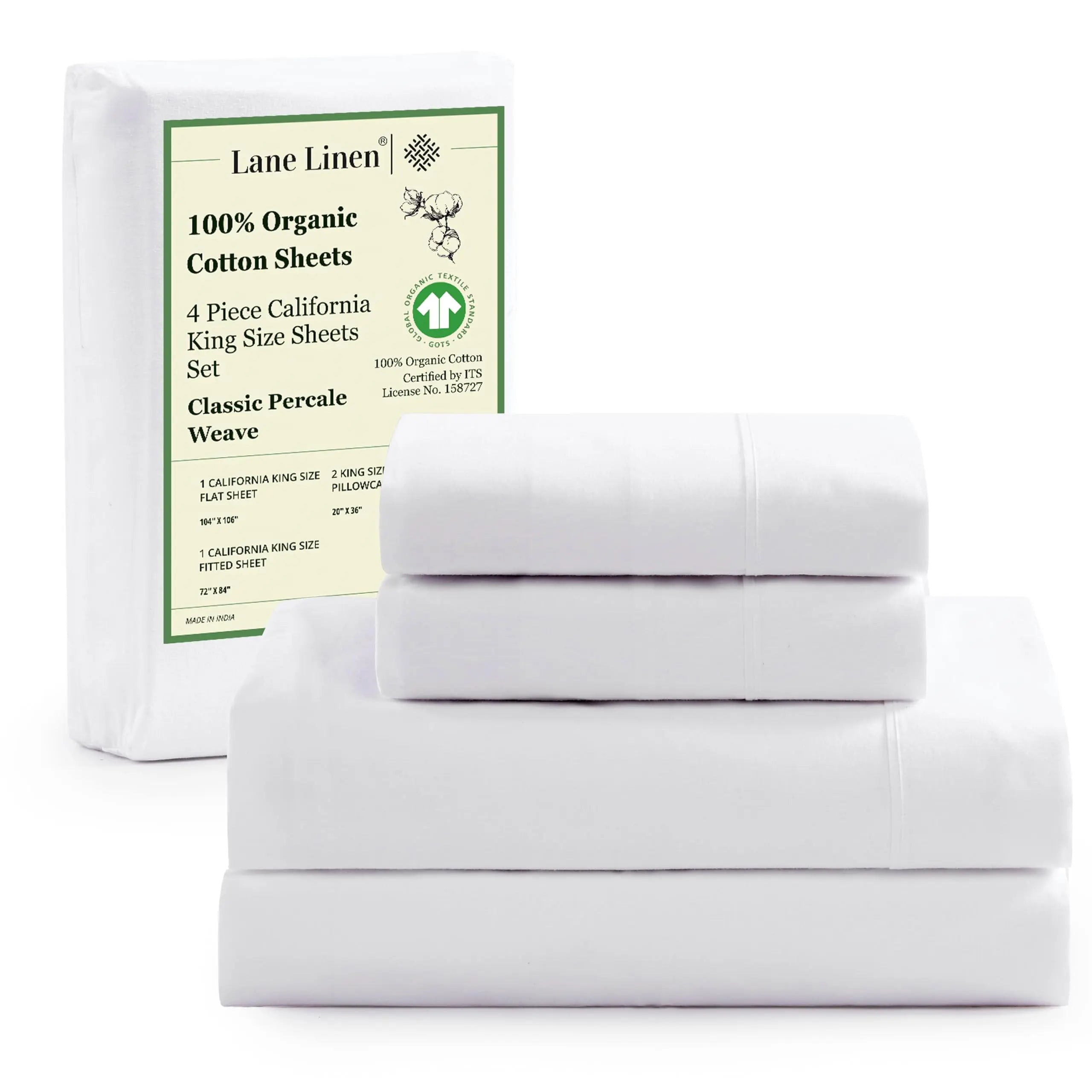 LANE LINEN 100% Organic Cotton Percale Weave Twin Size Bedding Set - 15" Deep Pocket Fitted Sheet, Breathable White Linens, Dorm Room Inspo Bed Essentials