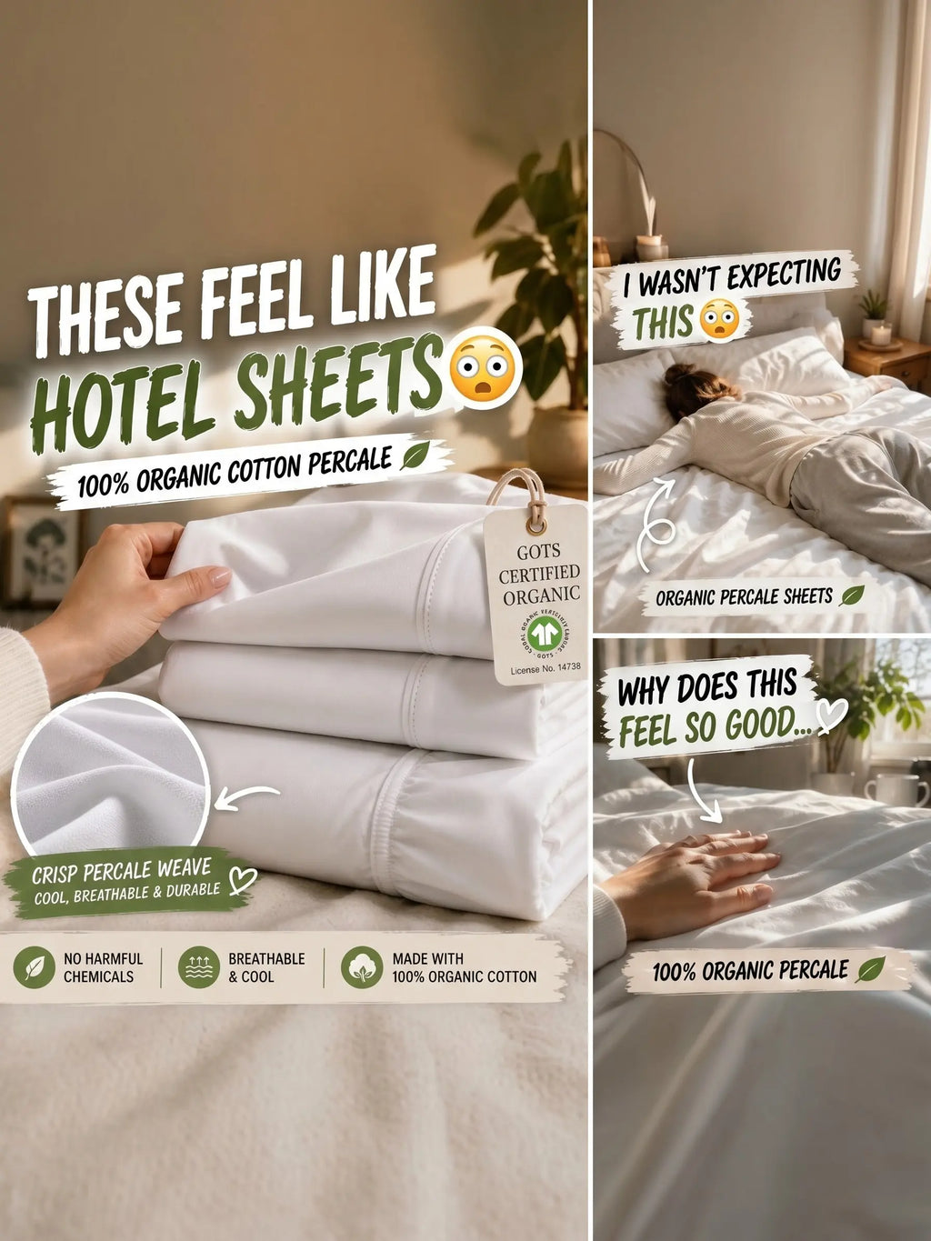 LANE LINEN 100% Organic Cotton Percale Weave Twin Size Bedding Set - 15" Deep Pocket Fitted Sheet, Breathable White Linens, Dorm Room Inspo Bed Essentials