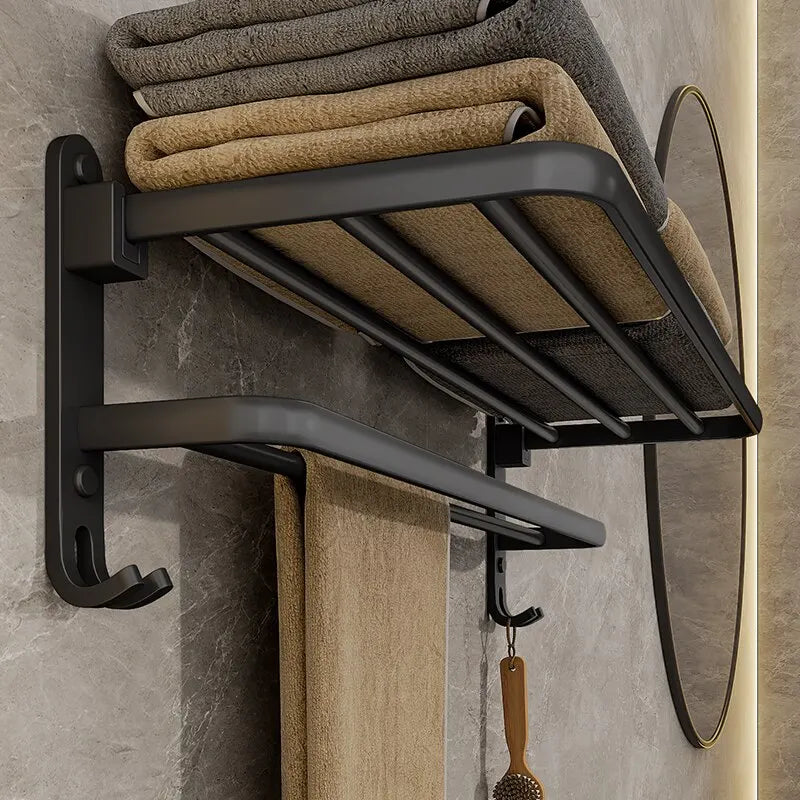Matte Black 50 cm Folding Wall‑Mounted Aluminum Towel Rack with Hooks