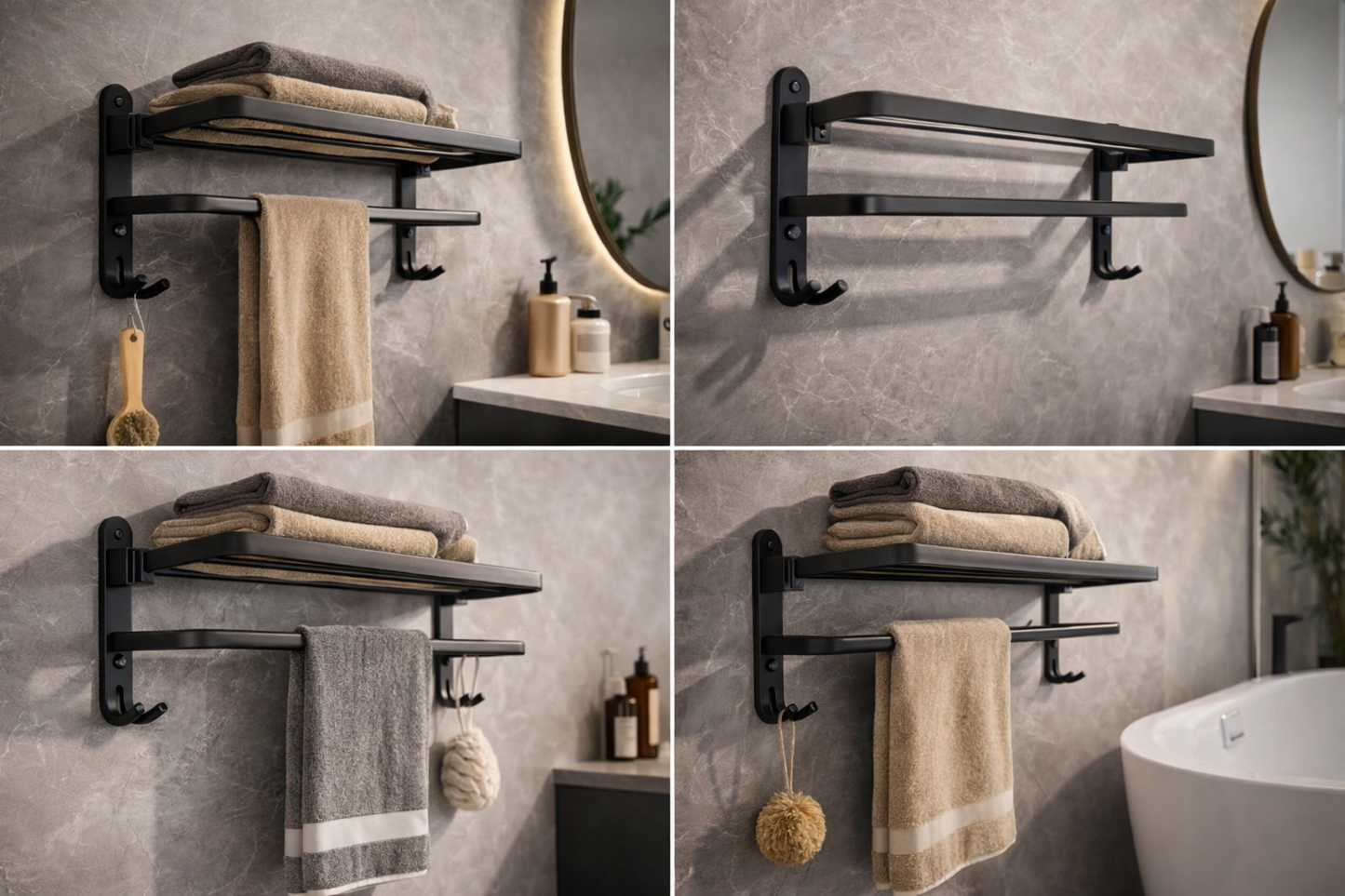 Matte Black 50 cm Folding Wall‑Mounted Aluminum Towel Rack with Hooks